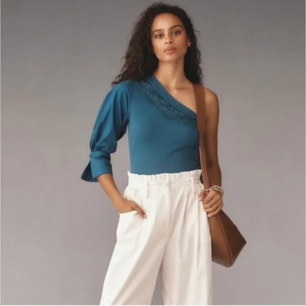 NWT Anthropologie | Teal One-Shoulder Lace Puff-Sleeve Top, XL